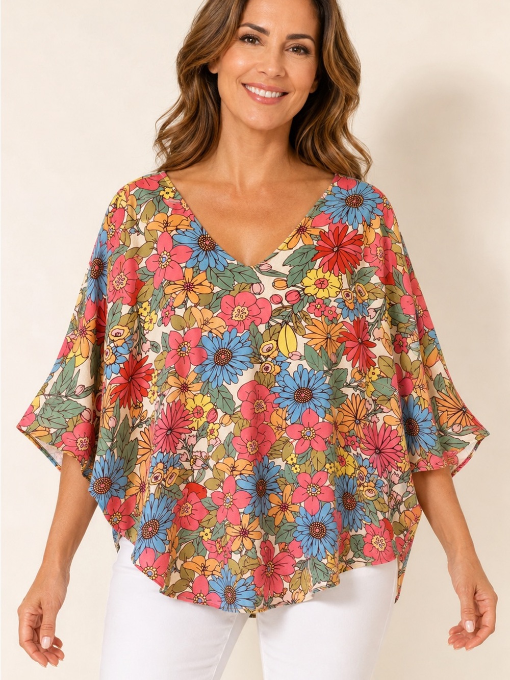 First Love Floral V-Neck Tunic Top - Blue, Pink, Yellow, Green